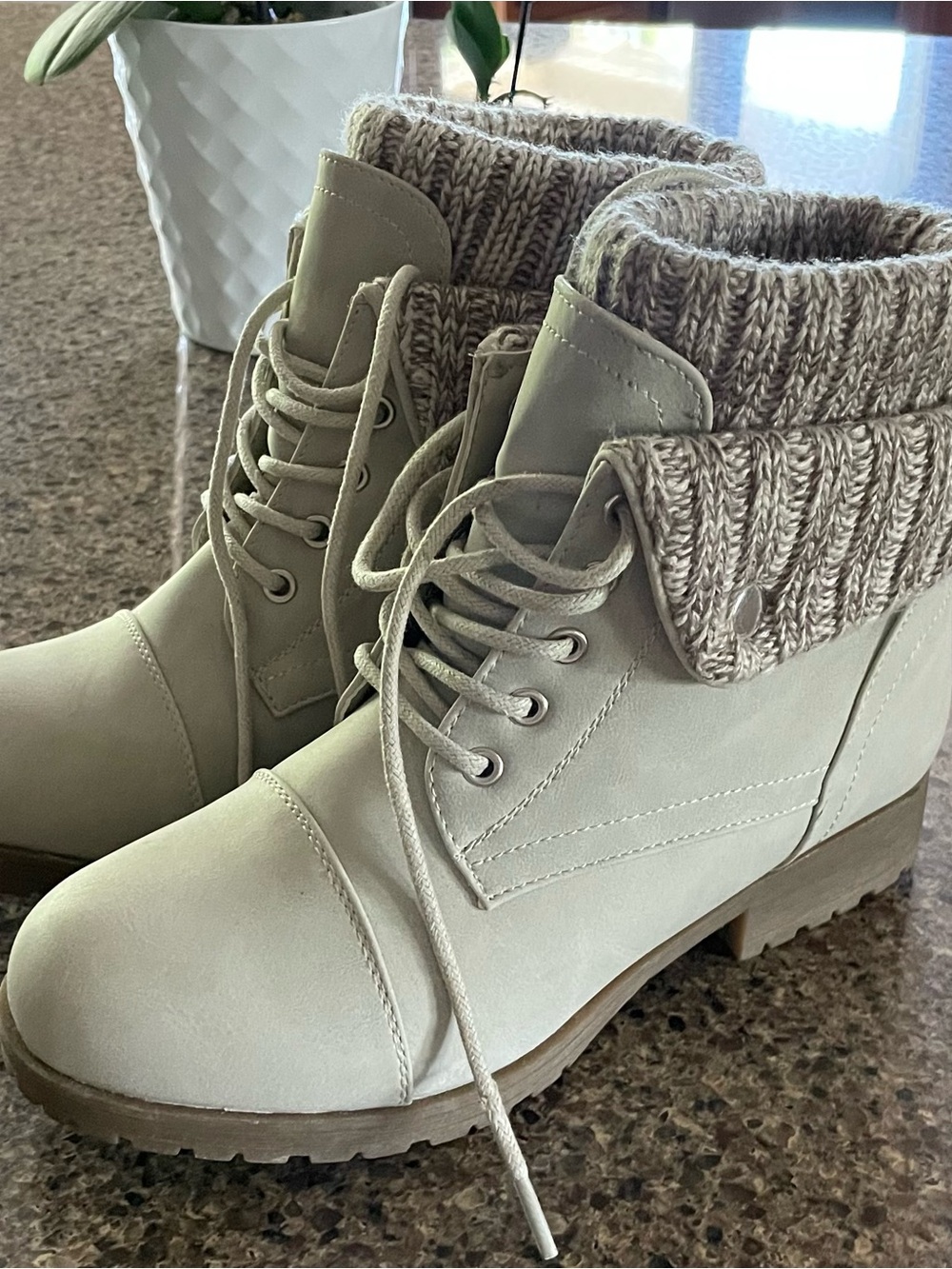 Women's Knit-Cuff Lace-Up Ankle Boots in Light Taupe